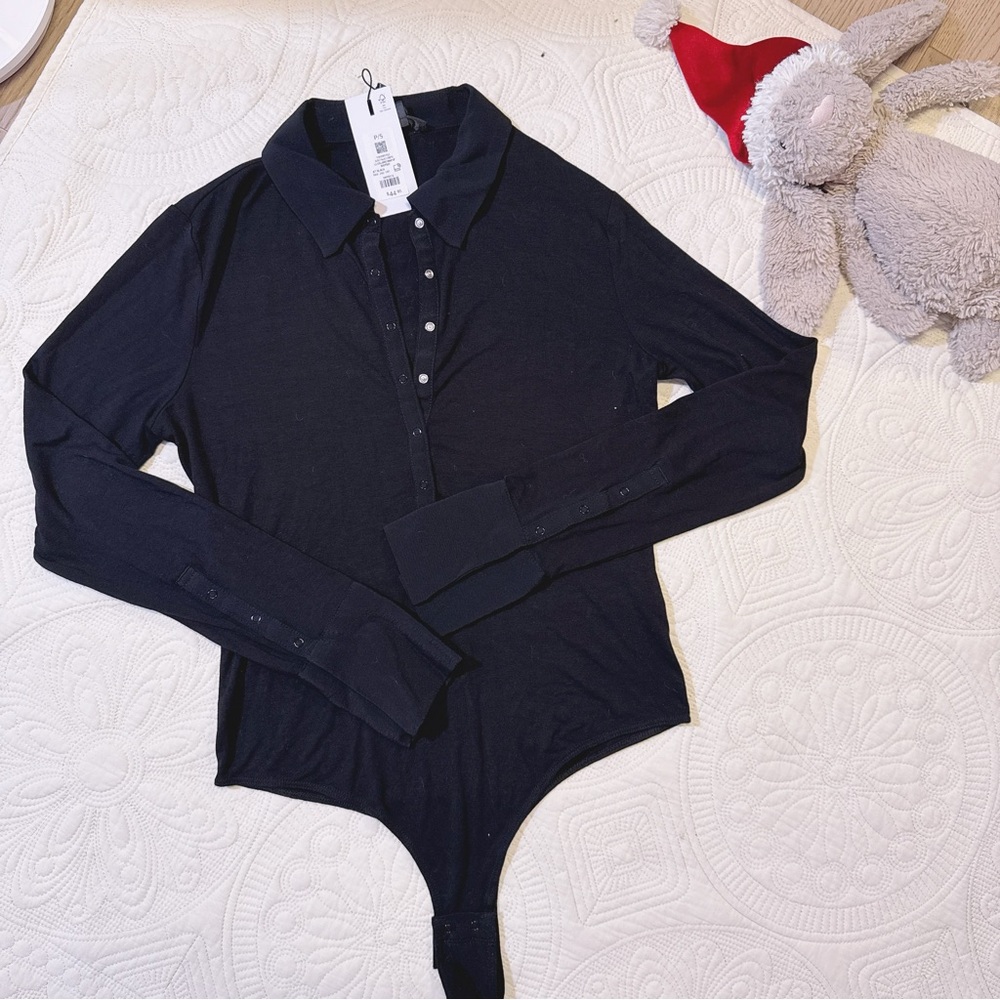 NWT Dynamite LS collared snap up bodysuit 100089762 black S
